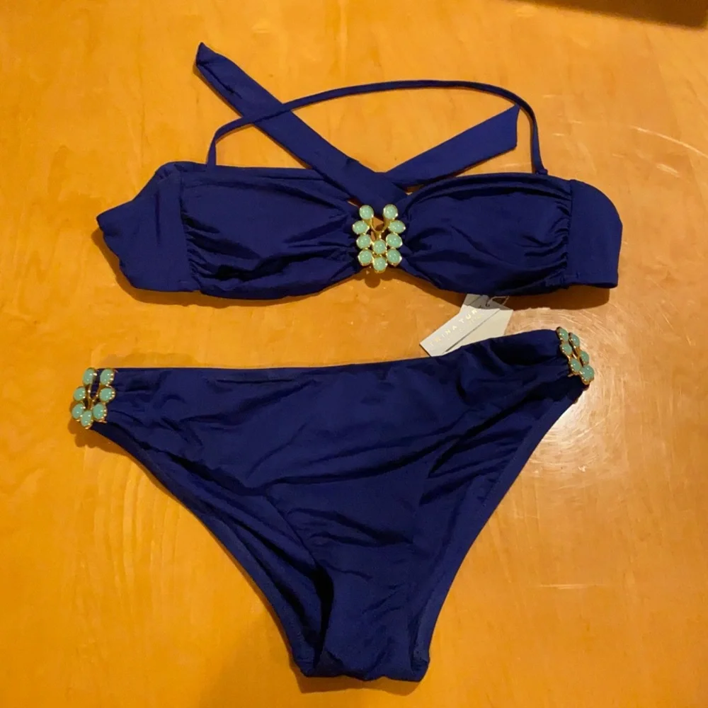 Women Navy Blue Two-Piece Swim Set with Jewel Accents